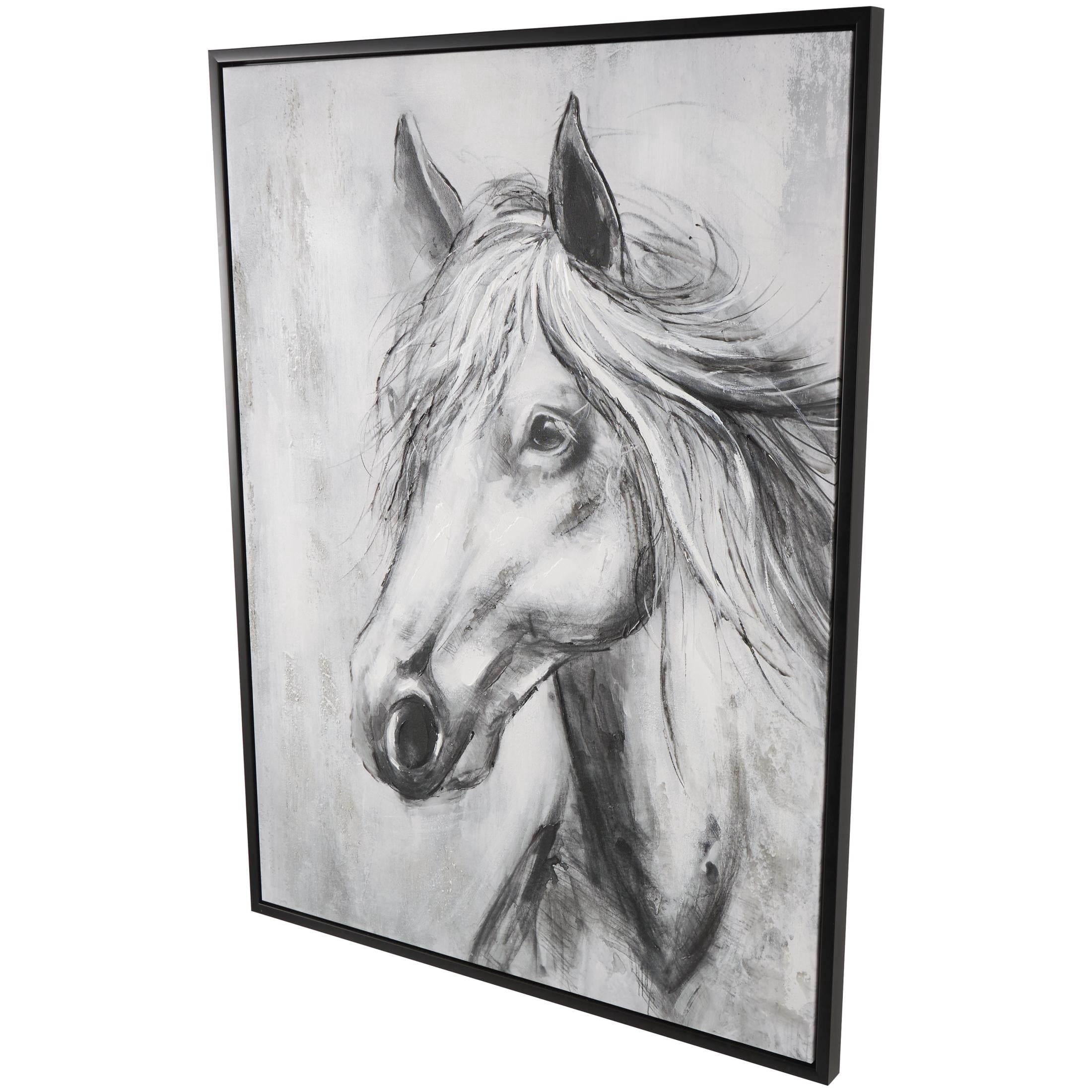 36" x 47" Hand Drawn Inspired Shaded Horse Framed Wall Art with White Background, by DecMode