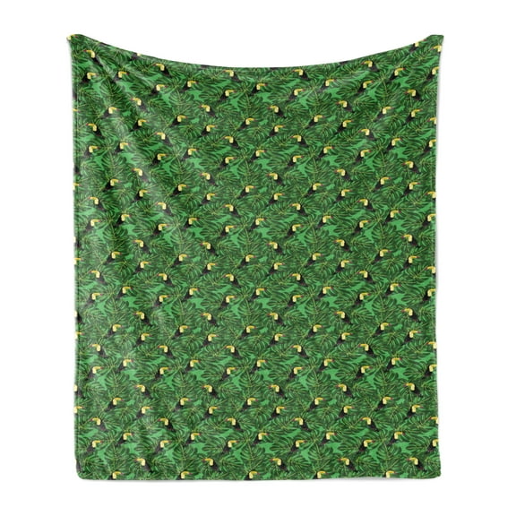 Tropical Soft Flannel Fleece Blanket, Toucan Birds Jungle Tree Branches Monstera Australian Rainforest Animals, Cozy Plush for Indoor and Outdoor Use, 50" x 70", Green and Multicolor, by Ambesonne