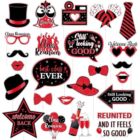 24Pcs Class Reunion Photo Booth Props, Red Black Best Class Ever Welcome Back Party Decorations, Reunion Party Photography Supplies for Primary High School University