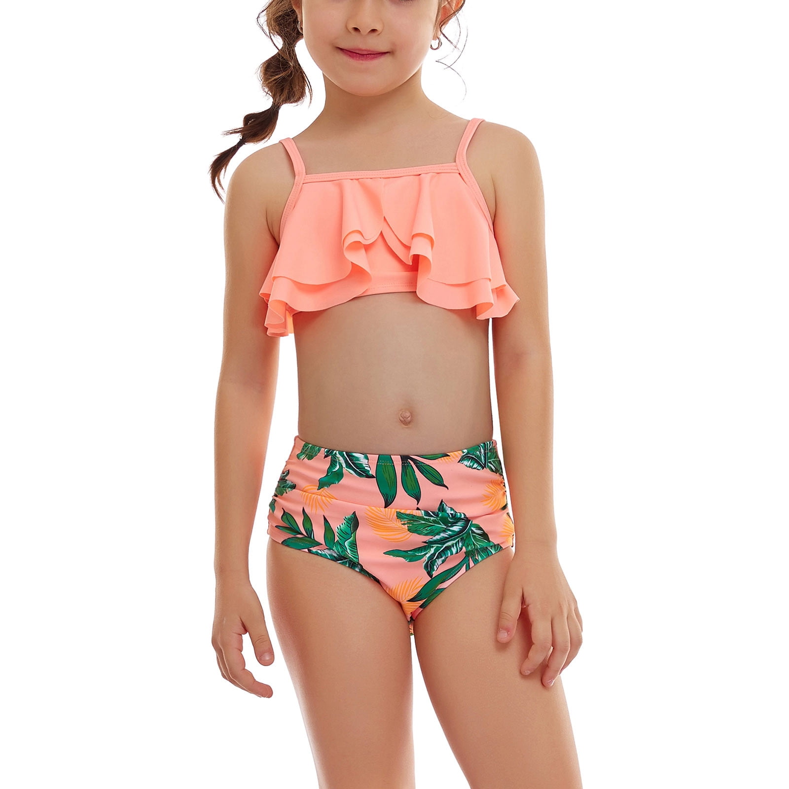Fesfesfes Girls Summer Swimsuits Casual Cute Floral Print Double Ruffle  Sling Swimwear Beach Swimsuits Split Two-Piece Bikini Sets 