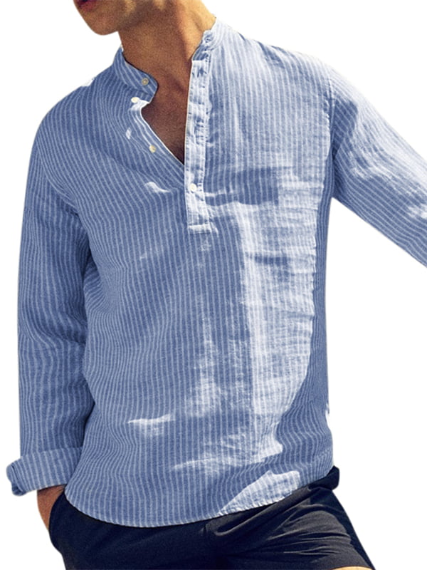 Mens Linen Short Sleeve Shirt Collarless V-Neck Grandad Beach Causal Blouse Tops 