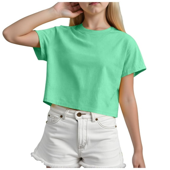 Povozer Girls' Tees Girls Short Sleeve Shirts Cotton T-Shirts Summer Basic Tees Tops Clothes for Kids for 7-8 Years,Green