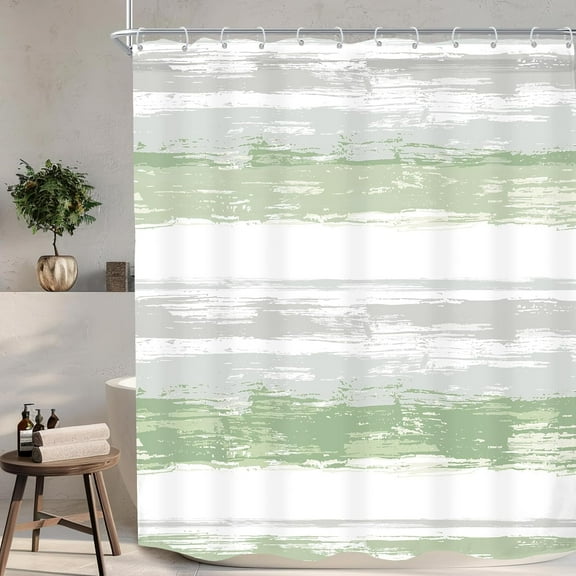 Abstract Striped Shower Curtain Modern Aesthetic Minimalist Geometric Simple Neutral Watercolor Painting Fabric Waterproof Polyester 12 Pack Hooks Green Grey 84Wx72H Inches Bathroom Decor