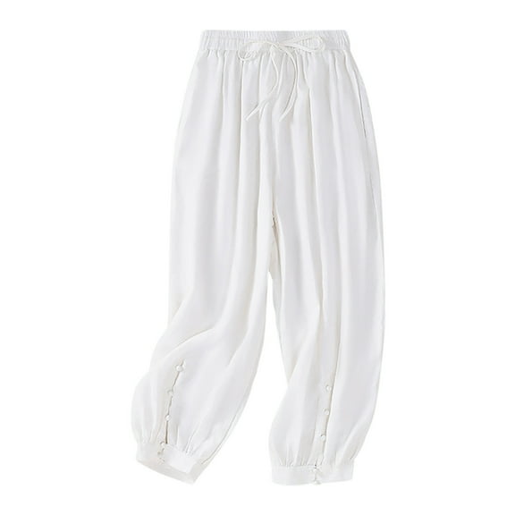 UAMVSH Women's Cotton Linen Pants Comfy Drawstring Elastic Waist Baggy Pants Trendy Loose Casual Beach Travel Trousers