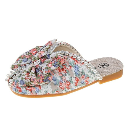 

fvwitlyh Girls Sandals Sliders Sandals Girls Bowknot Slippers Pearl Soft Sole Princess Shoes Floral Baotou Slippers Toddler Flip Flops Girl Sandals for Girls