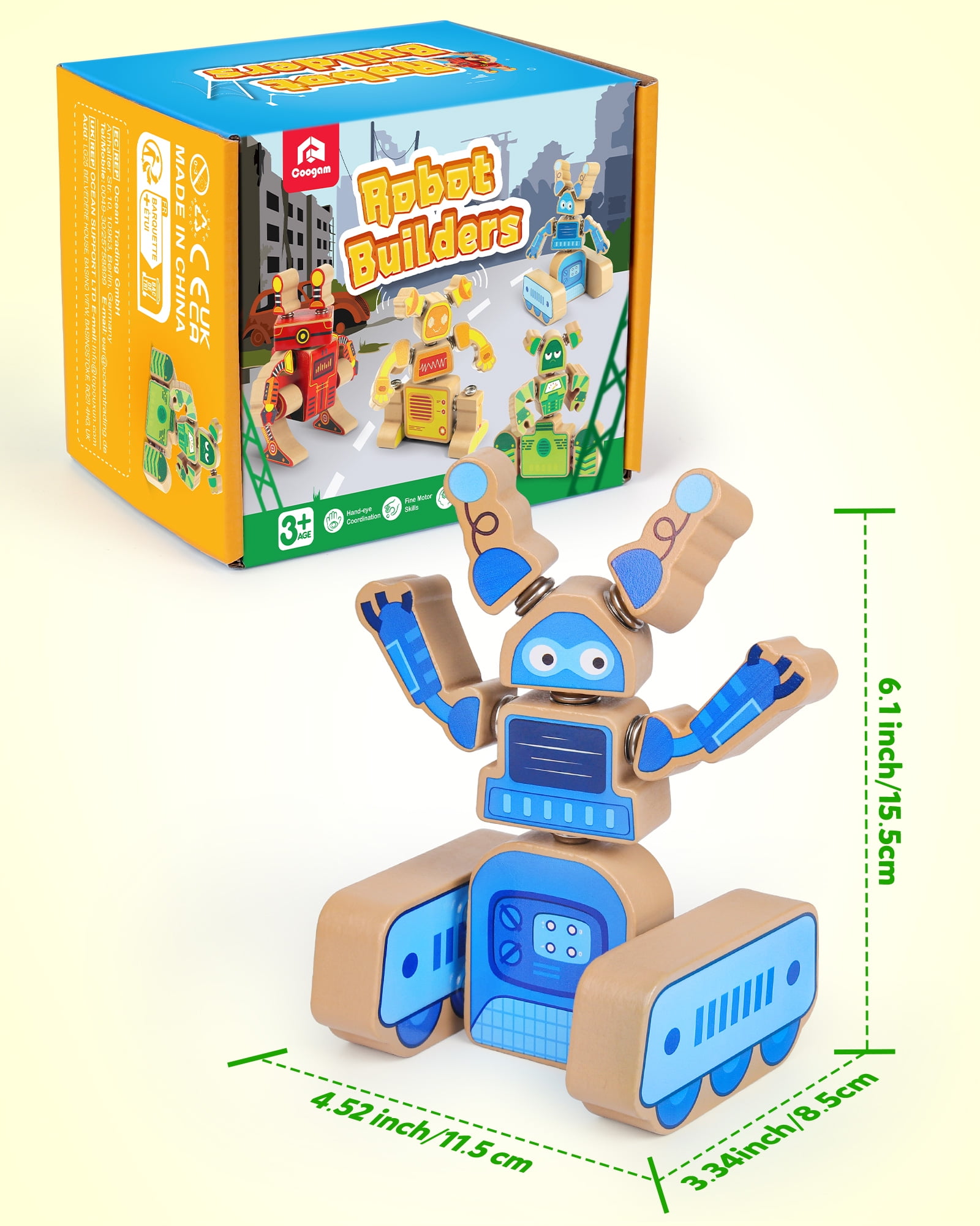 Coogam Fine Motor Building Robot Blocks for 3 4 5 Years Old, Wooden Snap Together Robot Builders, STEM Take Apart Robot Playset, Educational Learning Toy for Boys Girls