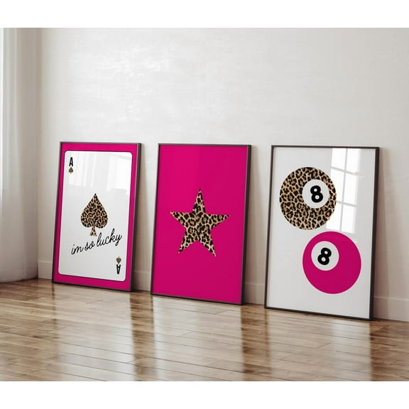 Luvia Set Of 3 Leopard Above Bed Dorm Pink Luxury Fashion Art Trendy Ace Of Spades Star Prints Leopard 8 Ball Decor Pink Gallery Set, Modern Wall Decor Set 3 Prints 8x12 UNFRAMED
