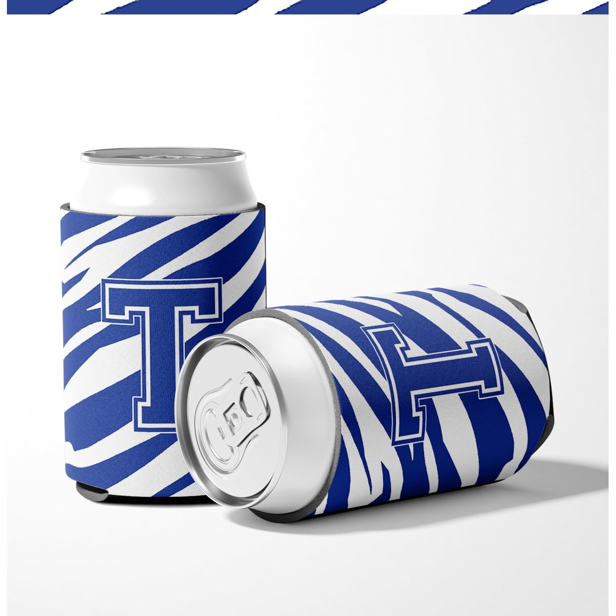 Letter T Initial Tiger Stripe Blue and White Can or Bottle Hugger