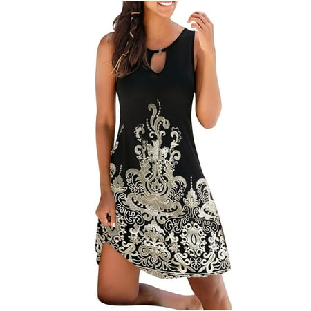 

jsaierl Summer Dresses for Women Vintage O-Neck Sleeveless Flower Printed Round Button Dresses for women 2023