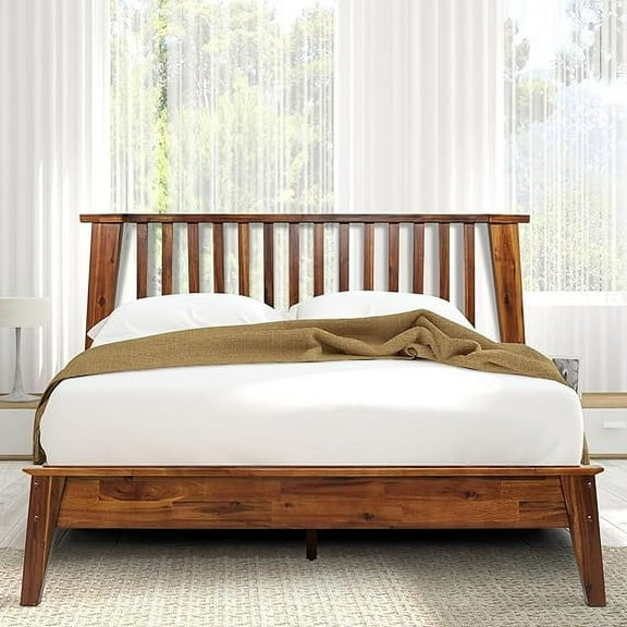 A ACACIA FURNITURE Kaylin Queen Solid Wood Bed Frame with Headboard, Mocha