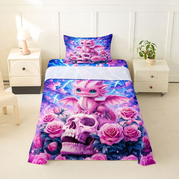 Homewish Kawaii Dragon Skull Floral Twin Sheets for Girls, Pink Star Magical Halloween Bedding, 3pcs, 1 Flat Sheet, 1 Fitted Sheet and 1 Pillowcase