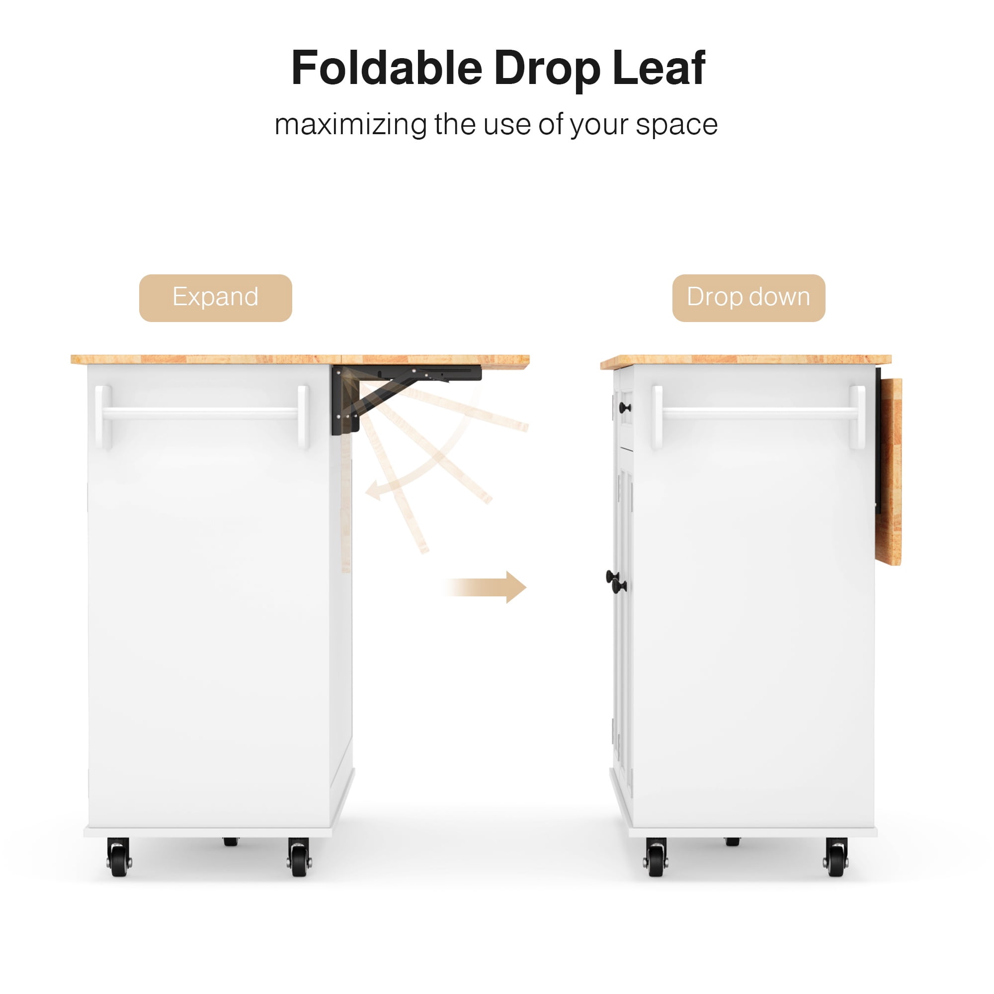 Noelse Rolling Kitchen Island Table with Storage, Drop Leaf Countertop, Kitchen Island with Wheels, Spice Rack & Towel Bar, White