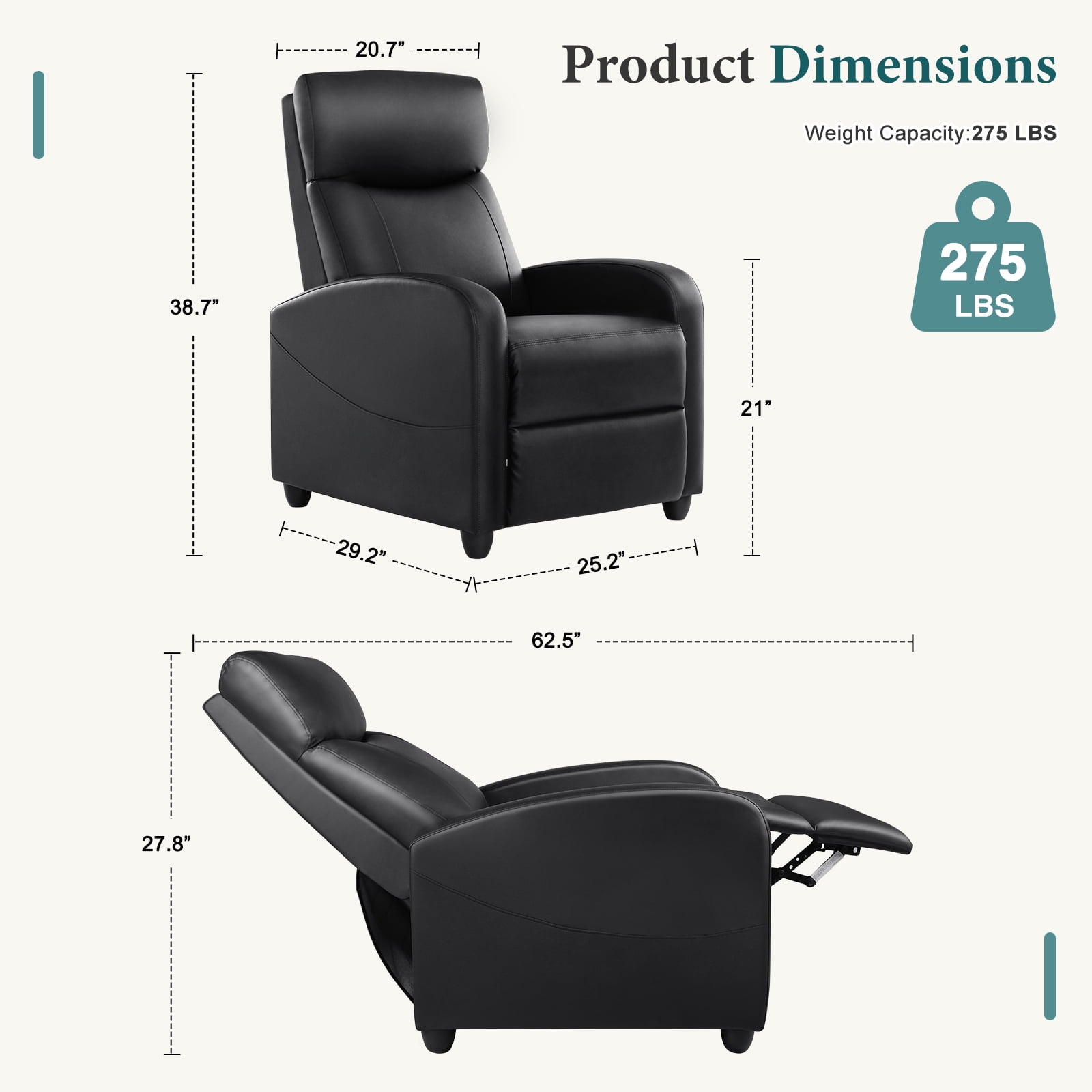 GIANNA Faux Leather Recliner Chair with Push Back and Lumbar Support, Overstuffed Living Room Reclining Sofa, Black