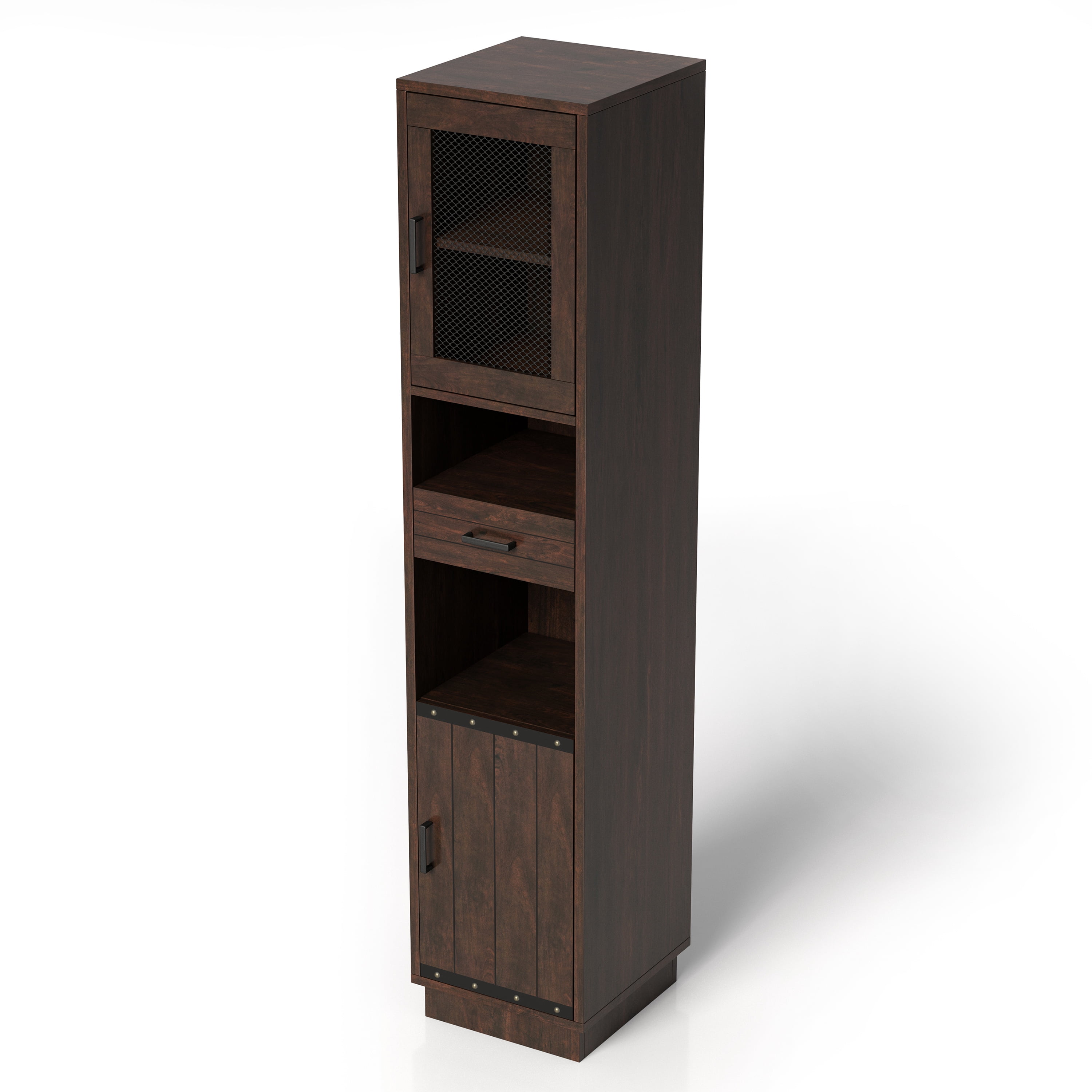 Furniture of America Mecka Tower Cabinet with 2 Doors, Vintage Walnut