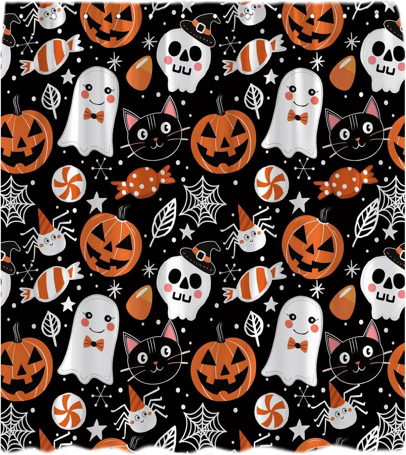 Happy Halloween Shower Curtain Cute Cartoon Pumpkin Spooky Ghost Orange Pumpkin Head Icons Funny Black Cat Spider‘s Web Skull Skeleton Witch Hat Fabric Bath Curtain Set with Hook