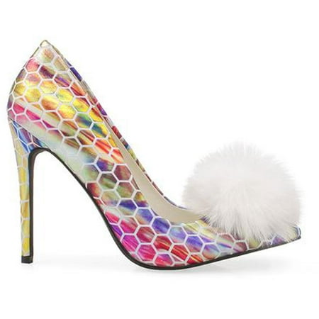 

Privileged Playboy Pointed Toe Fur Pom Pom Stiletto Dress High Heel Pumps (7.5 White)