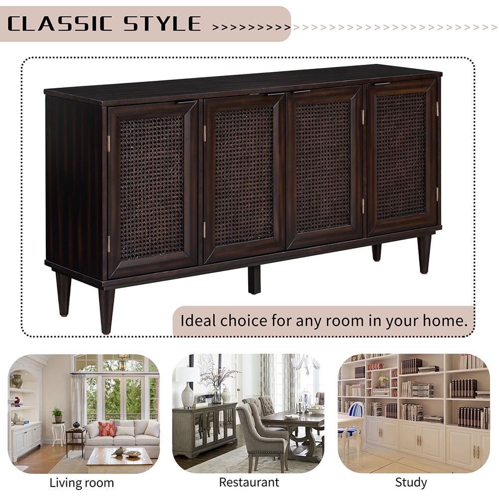 Resenkos 58" Accent Cabinet with 4 Rattan Doors and 2 Adjustable Shelves, Espresso Resenkos 58" Accent Cabinet with 4 Rattan Doors and 2 Adjustable Shelves, Espresso