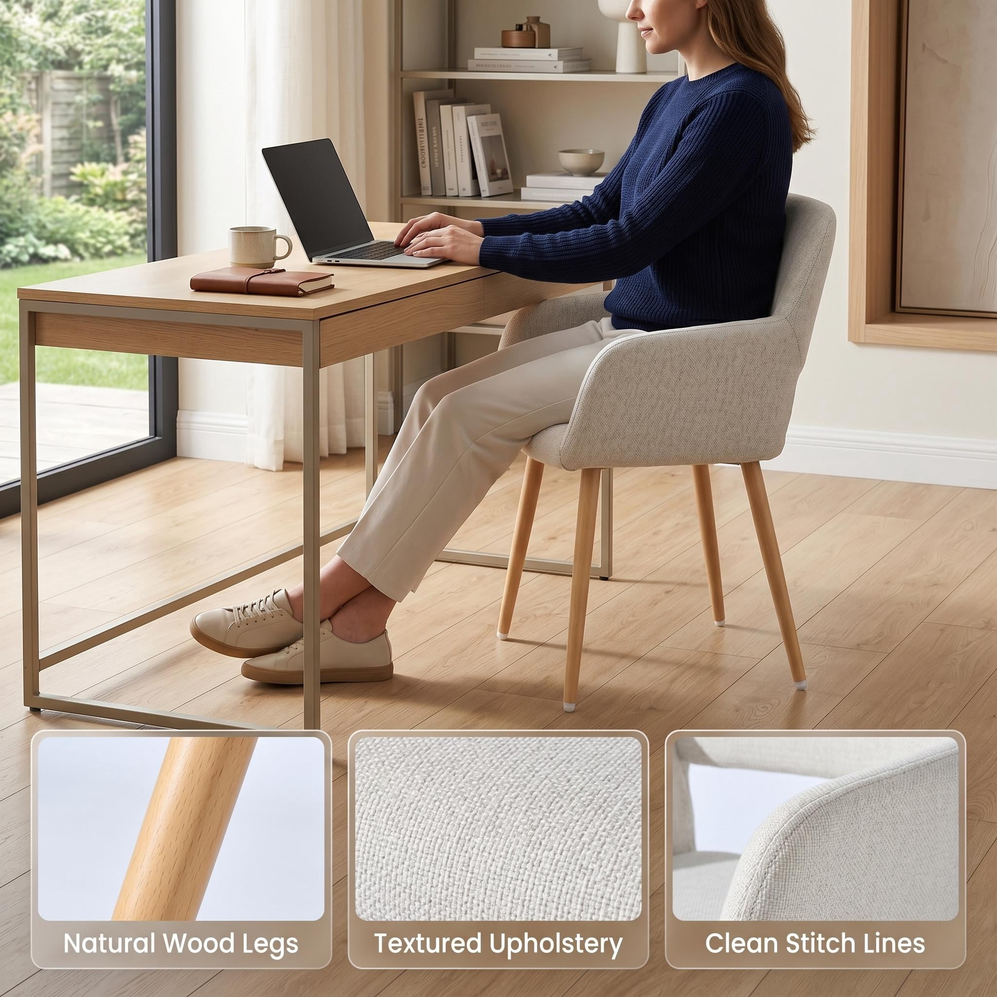 Homy Casa Set of 2 Beige Upholstered Dining Arm Chairs, Fabric Accent Chairs with Natural Wood Legs