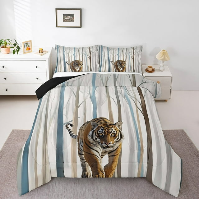 Erosebridal Tiger Print Bedding King Comforter Set, Black Reversible Down Comforter, Botanical Plant Decor