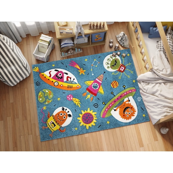 KC Cubs Boy & Girl Modern Decor Multicolor Area Rug and Carpet Collection for Kids, Toddlers and Baby Nursery, Silly Aliens in Outer Space