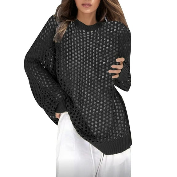 Rovga Women Sweater Solid Color Crochet Cardigan Off Shoulder Hollow Out O-Neck Knit Sweater Trendy Dailywear