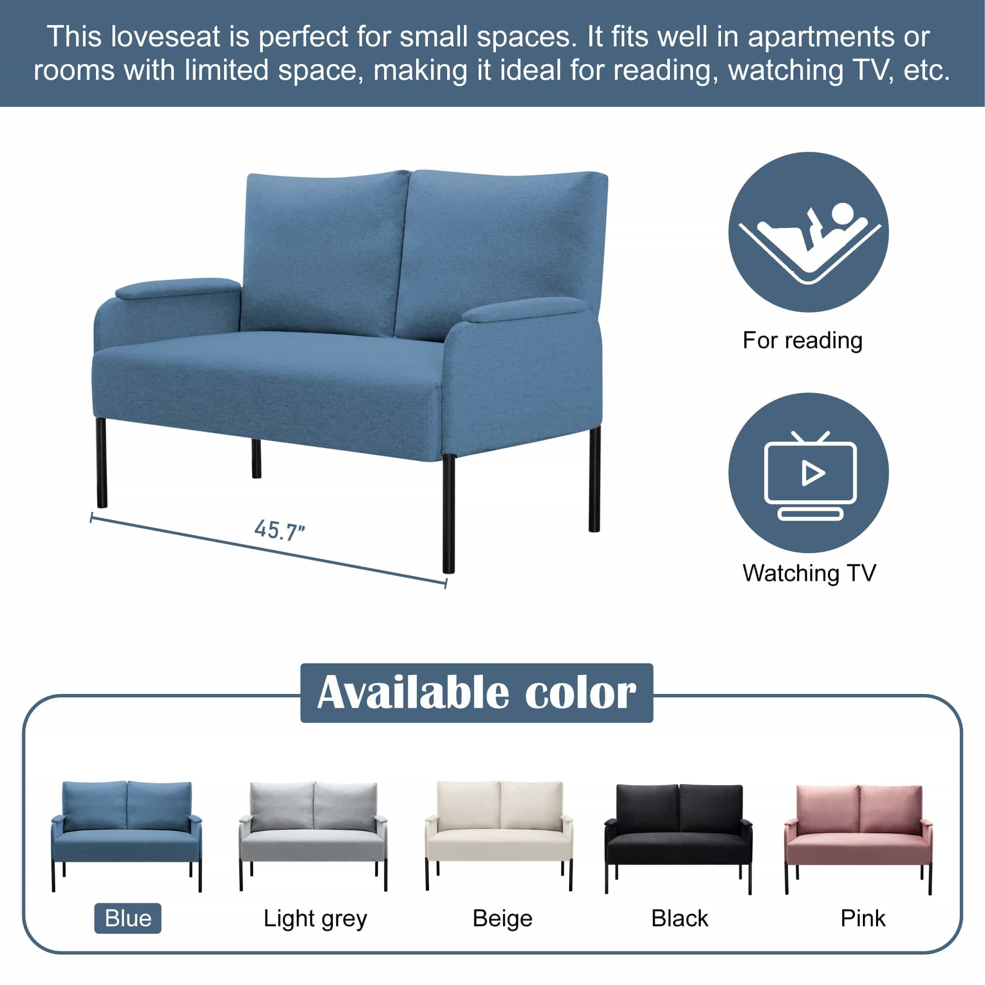 BSHTI Linen Blend Upholstery Loveseat Couch,2 Seating,Metal Frame,High-density Fam Seat Loveseat,Well in Apartments or Rooms with Limited Space(Blue)