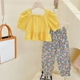 thumbnail image 4 of Jinhomg Cute Toddler Girls Outfits Trendy Puff Sleeve Boat Neck Tops and Floral Print Pants Set 2 Piece Fall Lightweight Clothing Suits Seasonal Sale Yellow 130, 4 of 6