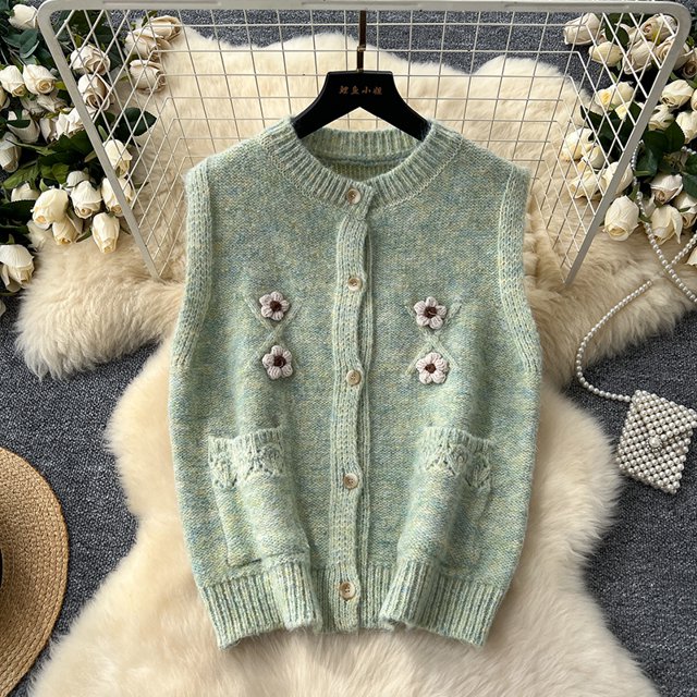 Suéter para niña, chaleco suave sin mangas en capas, flor tridimensional, cuello redondo, cárdigan de punto, invierno y otoño