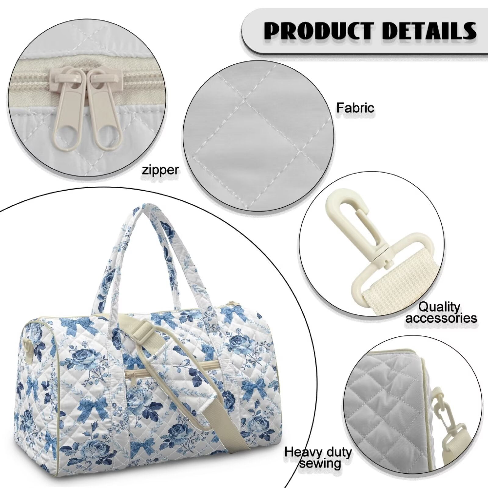 Xixirimido Travel Duffle Bag Weekender Overnight Hospital Bags for Women Lightweight Carry-on Gym Bag for Travel, Airplanes, Sports, Blue Roses Bows