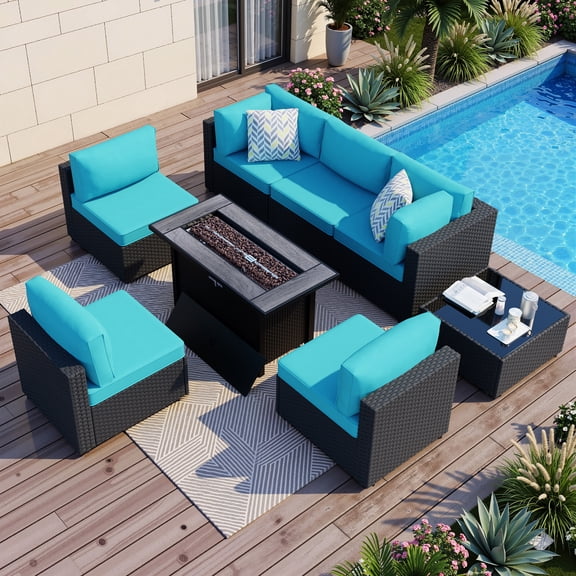 Walsunny 8 Pieces Patio Wicker Rattan Fire Pit Furniture Conversation Sets with Outdoor Sectional Sofa,45" Gas Propane Fire Pit Table,Glass Coffee Table,Black Rattan Blue Cushion