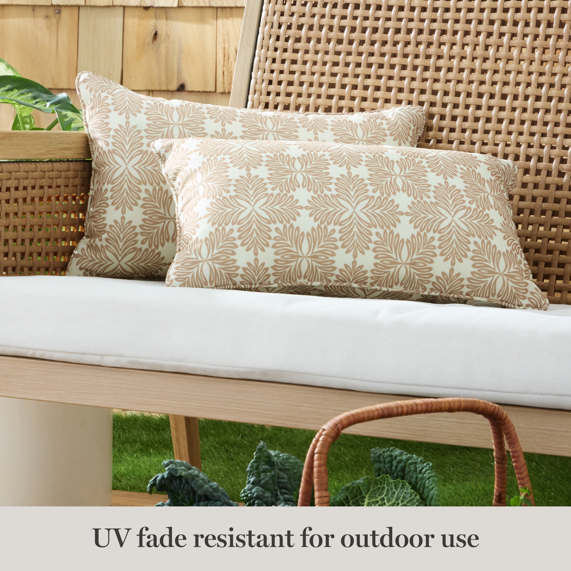 MARTHA STEWART Tulum Indoor Outdoor Decorative Lumbar Pillow 2-Pack Set, UV Fade Resistant, Water Repellent, Printed Modern Design, Taupe, 11"x18"