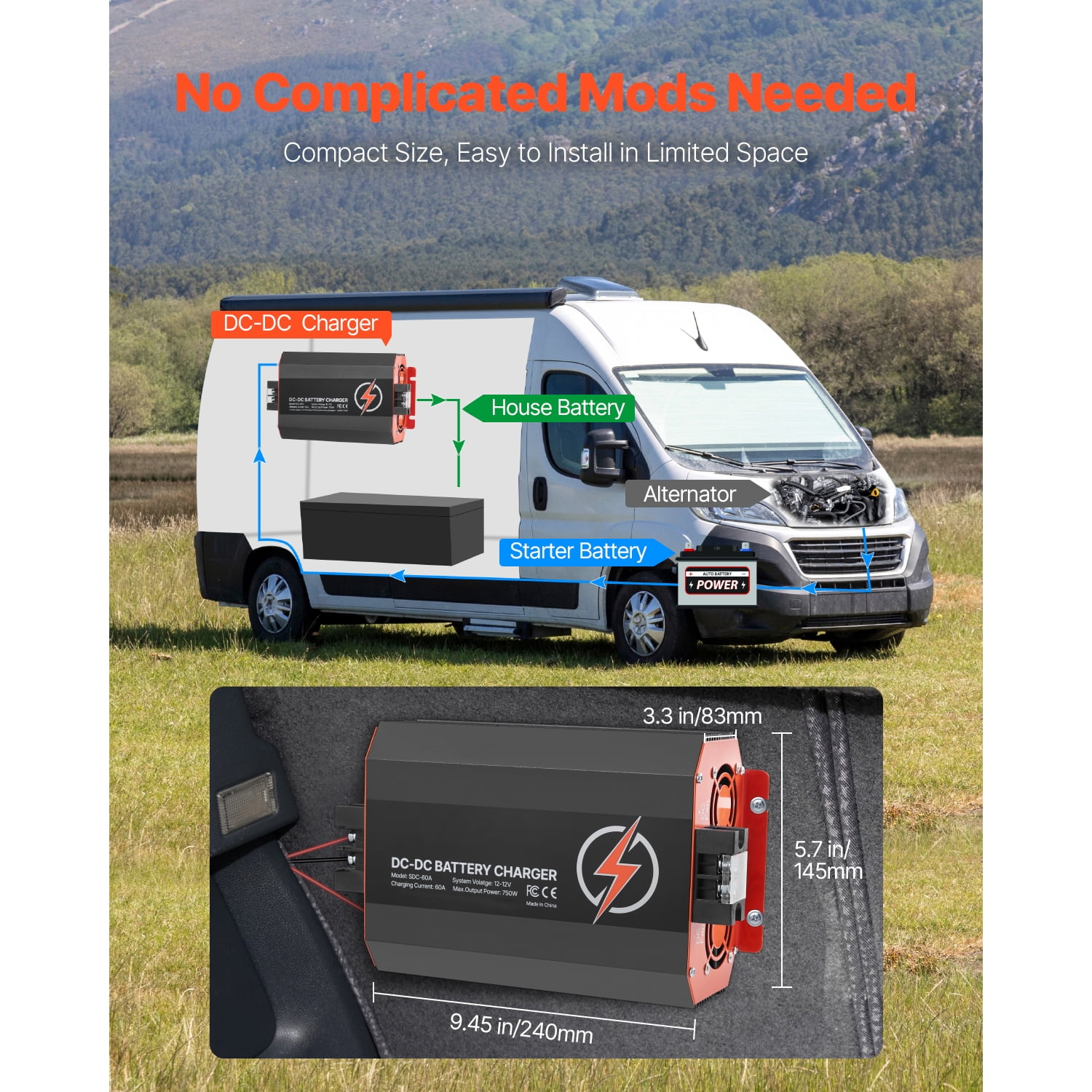 KFFKFF 12V 60A DC to DC Battery Charger, 750W, On-Board Charger for Lead-Acid, Lithium, AGM, GEL, and Flooded Batteries, Intelligent Multi-Stage Charging, Suitable for RVs, Commercial Vehicles, Boats