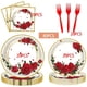 thumbnail image 1 of Juego de 80 bandejas de papel desechables | Diseño elegante en rojo y oro rosa | Incluye platos grandes, platos pequeños, servilletas y tenedores | Material resistente y grueso | Artículos para, 1 of 8