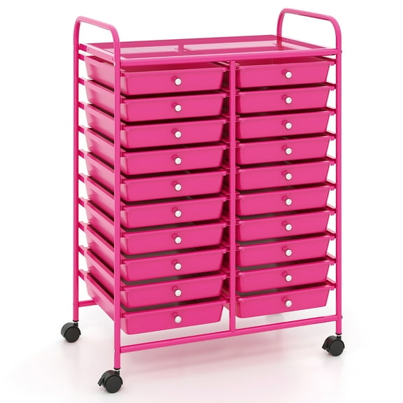 Gymax Rolling Storage Cart Art Craft Organizer on Wheels Multipurpose 20 Drawers Hot Pink