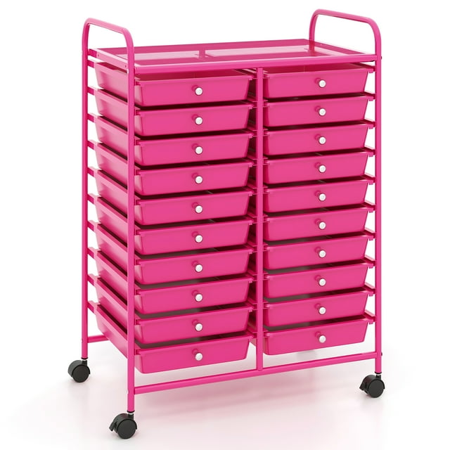 Gymax Rolling Storage Cart Art Craft Organizer on Wheels with 20 hot pink drawers, featuring a sturdy metal frame and plastic construction. The utility cart includes handles on each drawer for easy access, a top platform for additional storage, and four casters, two with locks, for mobility and stability. Perfect for organizing art supplies, tools, crafting materials, or office accessories.
