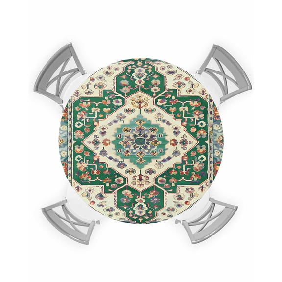 nqOlkjepod Green Orange Beige Boho Round Tablecloth, Fitted Table Cover with Elastic for 55"-60" Round Tables, Retro Ethnic Tribal Abstract Art Table Cloth Dinning Party Waterproof Tablecloths