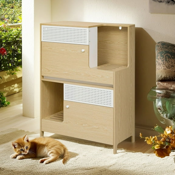 Pefilos 31" Double Cat Litter Box Enclosure, Litter Box Furniture Hidden with Flip-down Door, Indoor Cat House, Beige