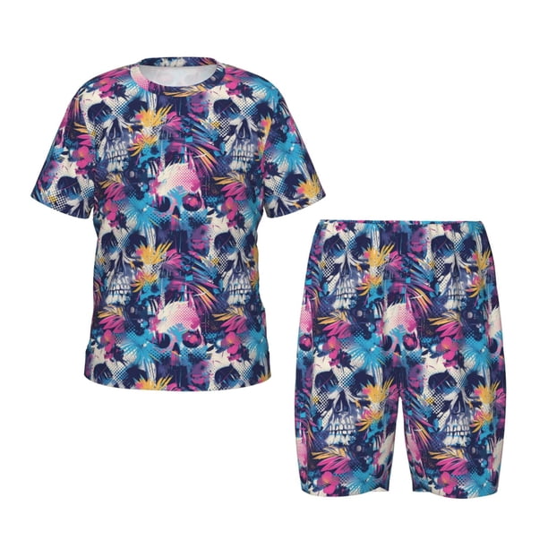 Balery cool Skull colorful Conjunto de Pijama Infantil de Manga Corta con Estampado – Ropa de Dormir de Algodón Suave-XX-Large