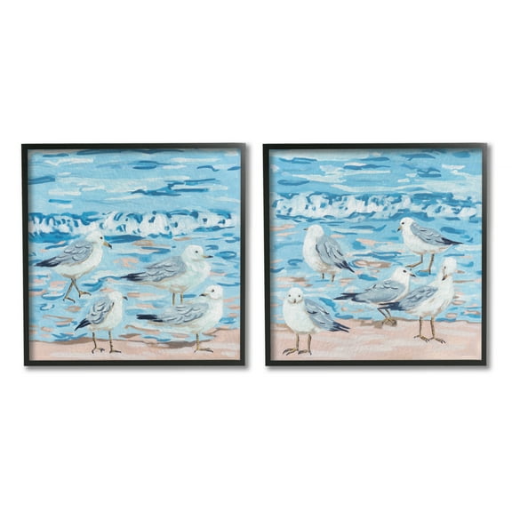 Stupell Industries Sandpipers on Shore Painting Animals & Insects Painting Black Framed Art Print Wall Art, 12 x 12, Set of 2
