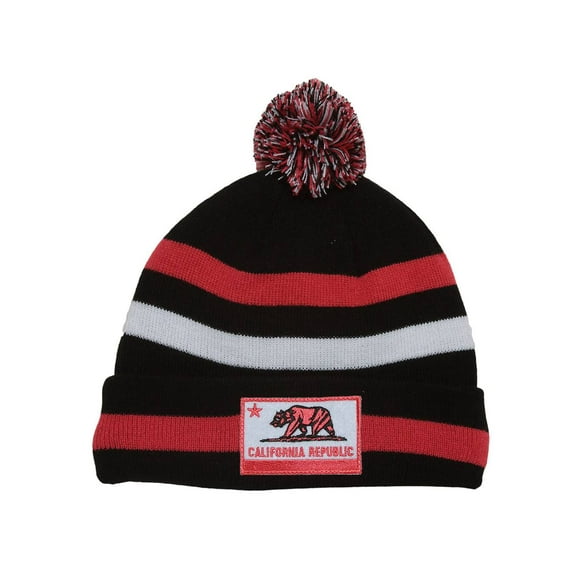 California Republic Patch Striped Beanie w/ Pom - Black/Raspberry Pink/White