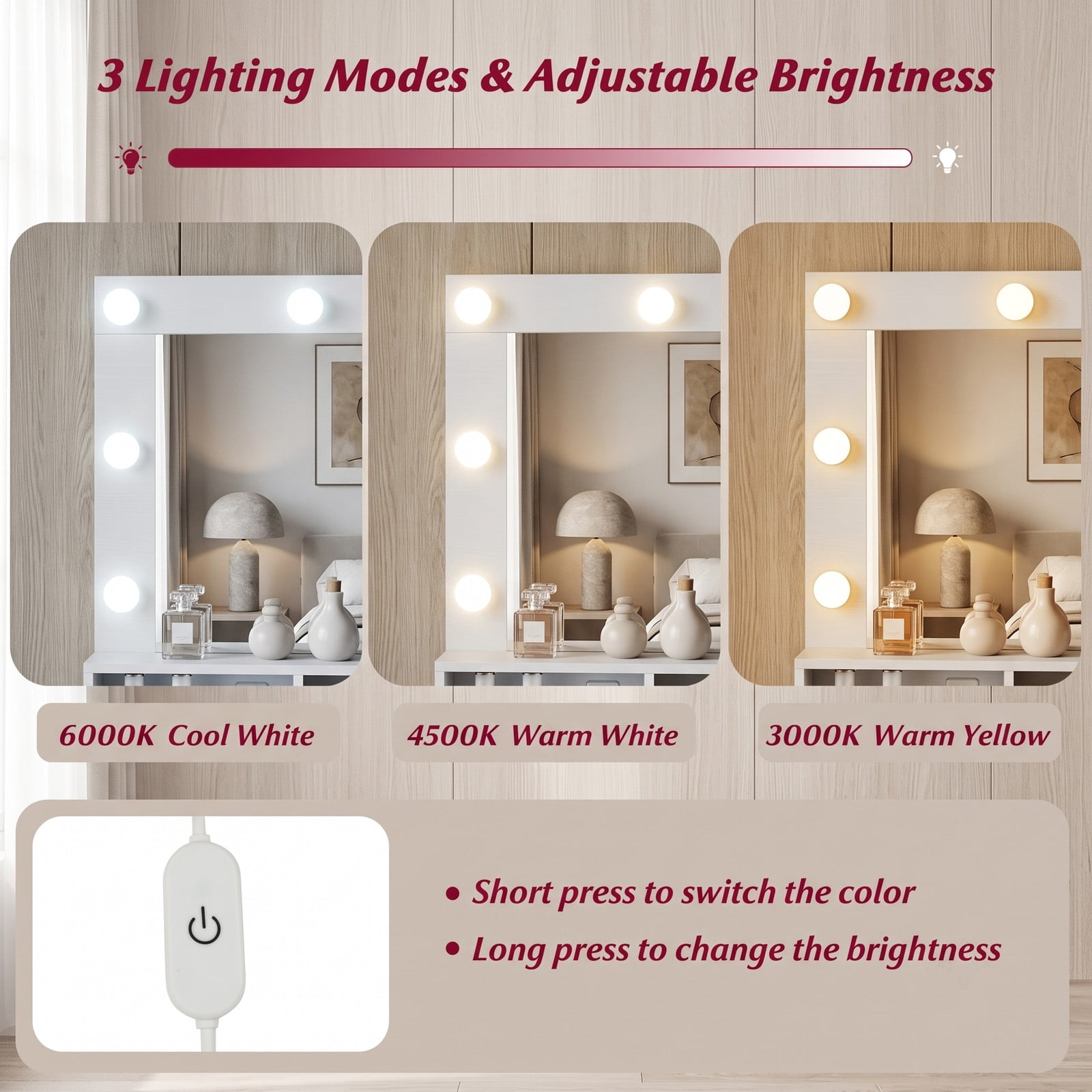 Furnibear Vanity Desk with Lighted Mirror and Charging Station, Makeup Vanity Table with 3 Lighting Modes and Cushioned Stool, White