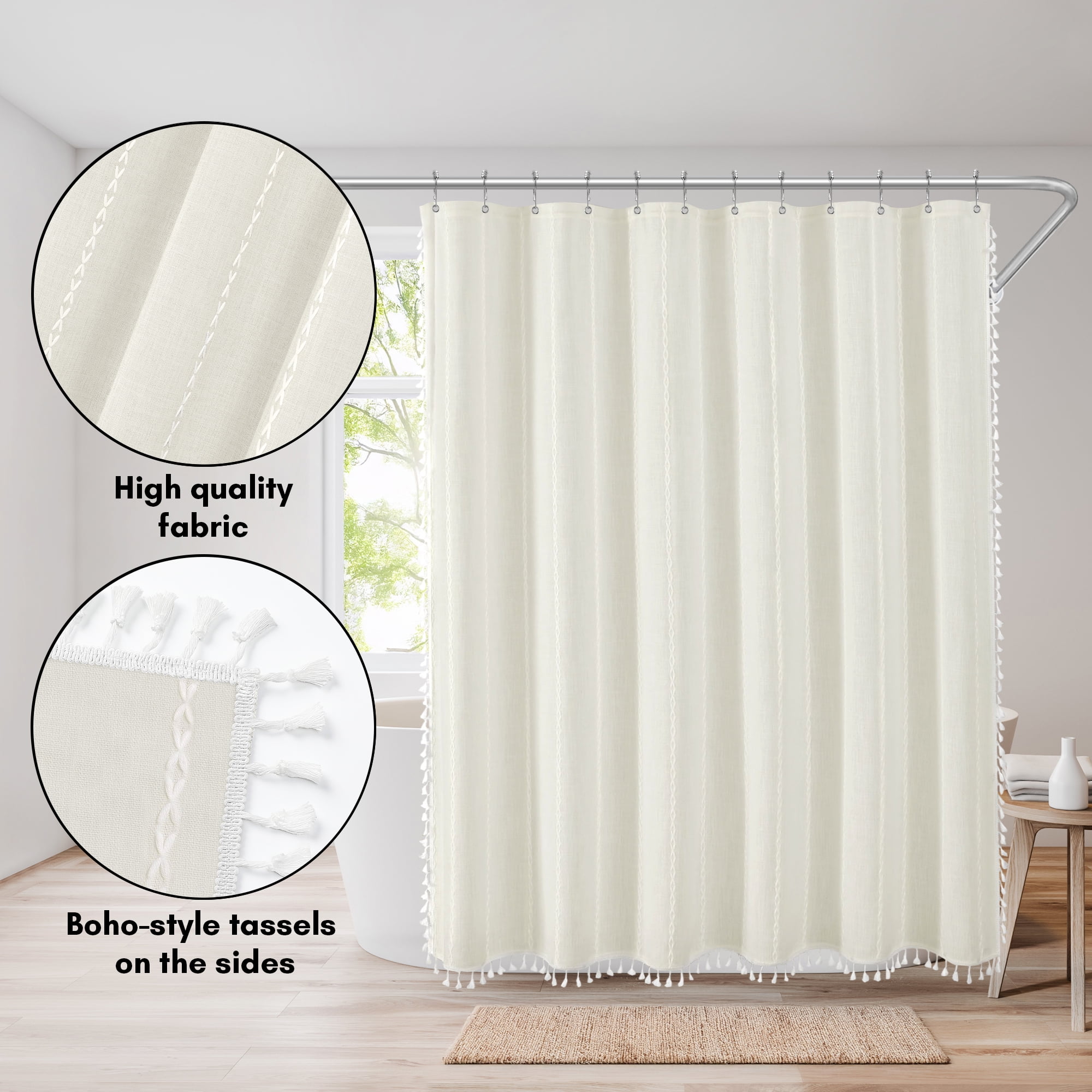 Americanflat 71x71 Woven Linen Ivory Shower Curtain with Tassel Accents - Includes 12 Grommets and Hooks - 100% Polyester