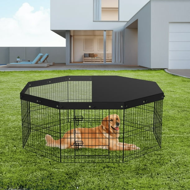 VEVOR Parque para perros, 8 paneles plegable de metal para ejercicios con cubierta superior, valla para mascotas de 24 pulgadas de alto, caseta para cachorros con estacas para el suelo