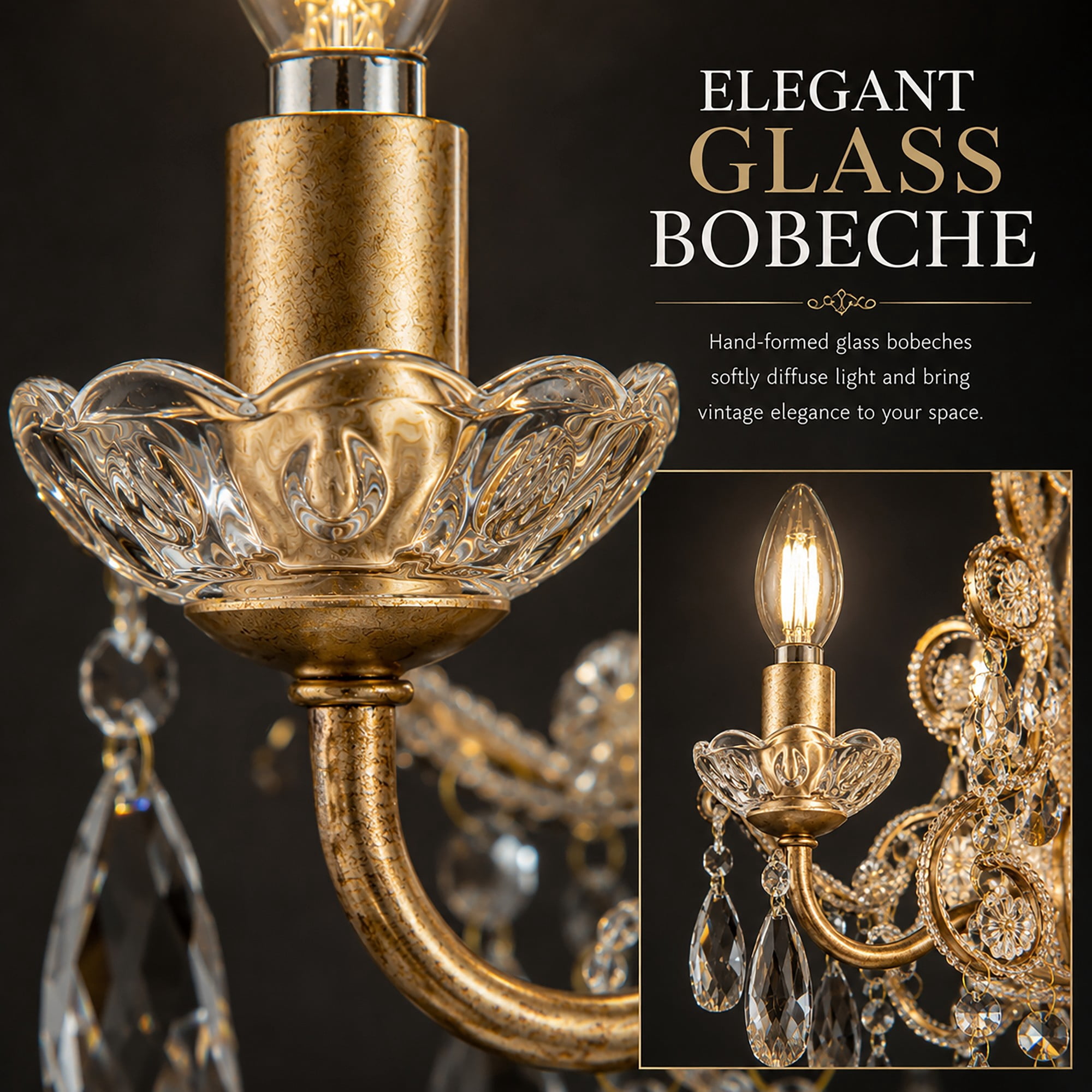 4-Light Antique Gold Crystal Candlestick Chandelier with Teardrop Beads Chandelier