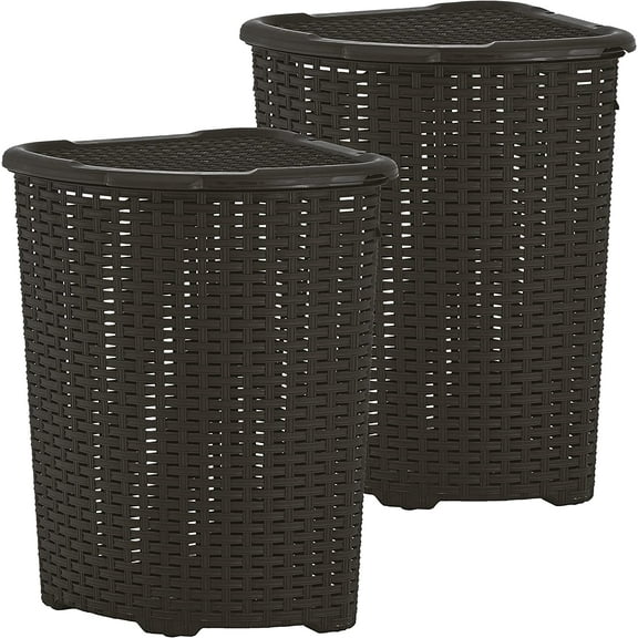 Superio 50L Wicker Plastic Corner Laundry Hamper with Lid - Brown (2 Pack)