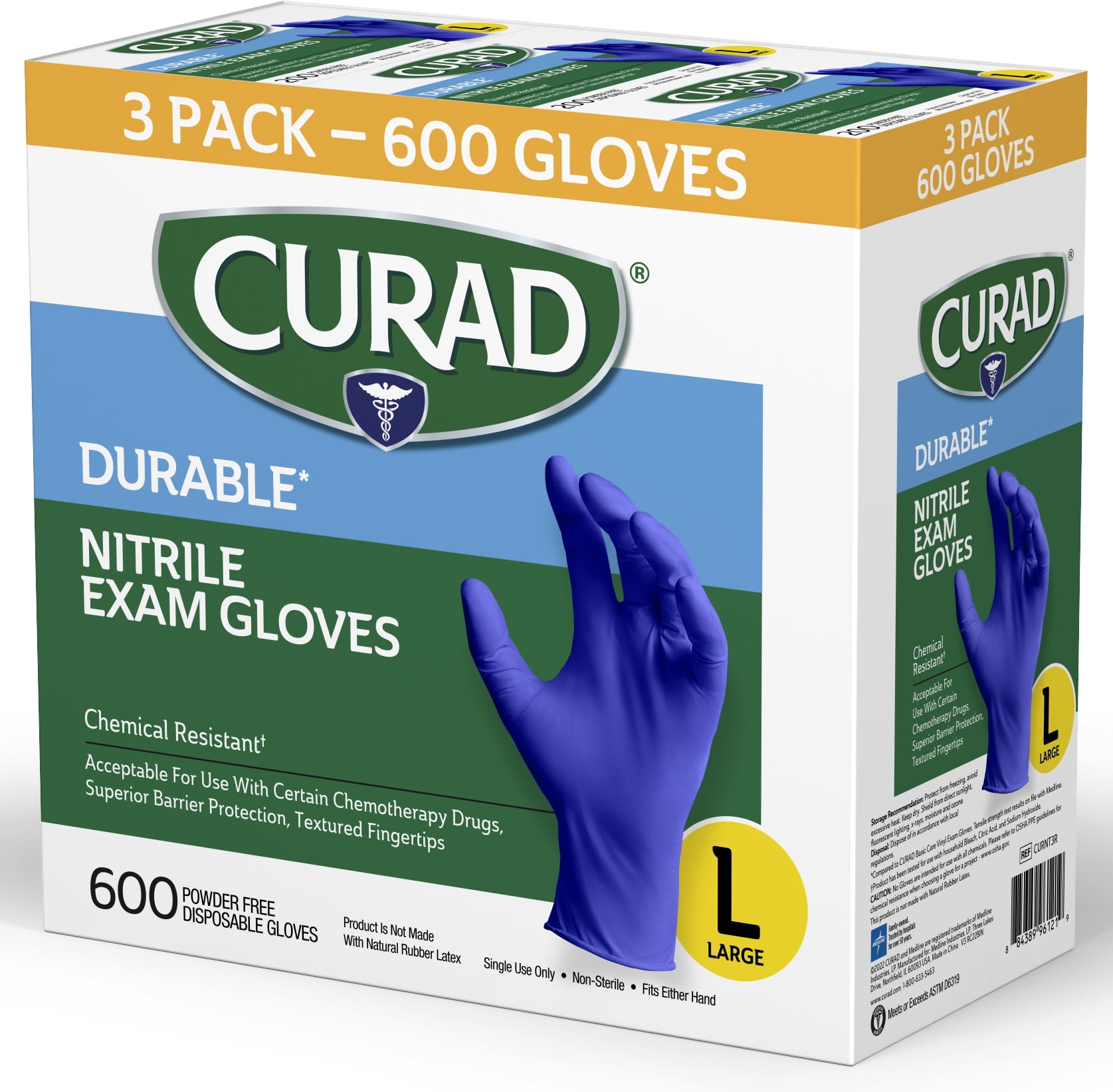 CURAD Nitrile Exam Gloves, Durable, Powder Free, Chemical Resistant, Large, 600 Count, Color May Vary