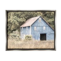 Stupell Industries Rustic Blue Barn Landscape Painting Gray Floater Framed Canvas Art Print Wall Art, 31 x 25