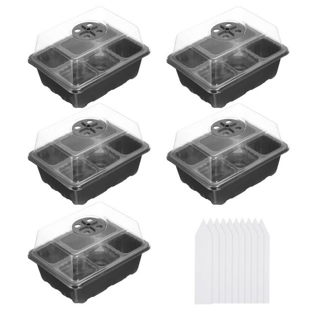 Unique Bargains Kit de Plateau de Semis 6 Cellules, avec Dômes d'Humidité Réglables et Base pour Plantation en Serre, Noir 5 Pack
