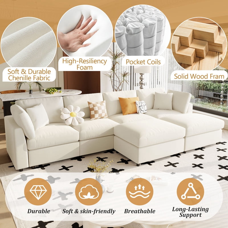 U-Shaped Modular Sectional Sofa with 2 Movable Ottomans, 128'' Chenille Upholstery Sofa Couch, 6-Piece Configurable Couch, Deep Seat Sofa for Living Room, Home Theater