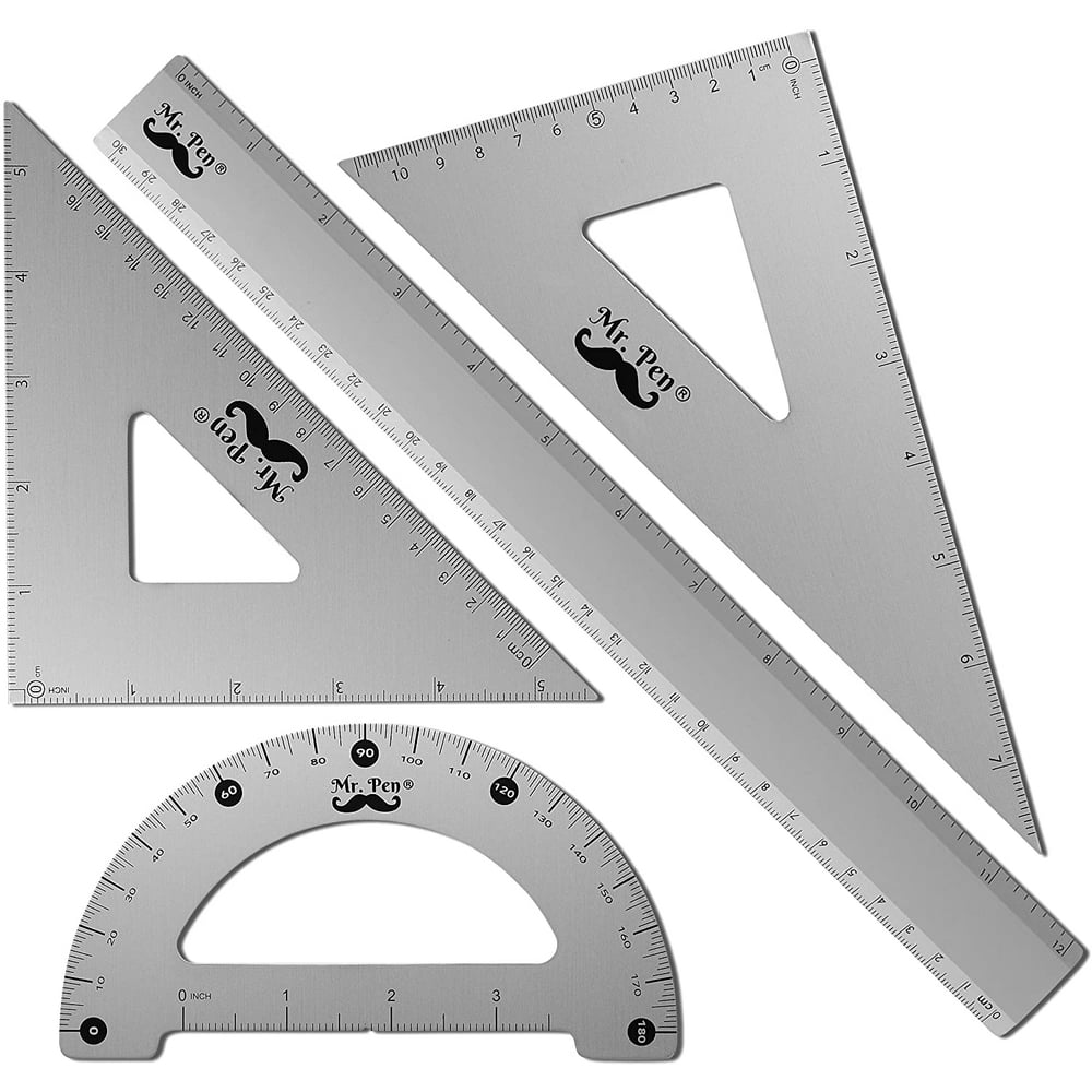 Mr. Pen Geometry Set, 4 Pack, Metal Protractor, Aluminum Ruler, Metal
